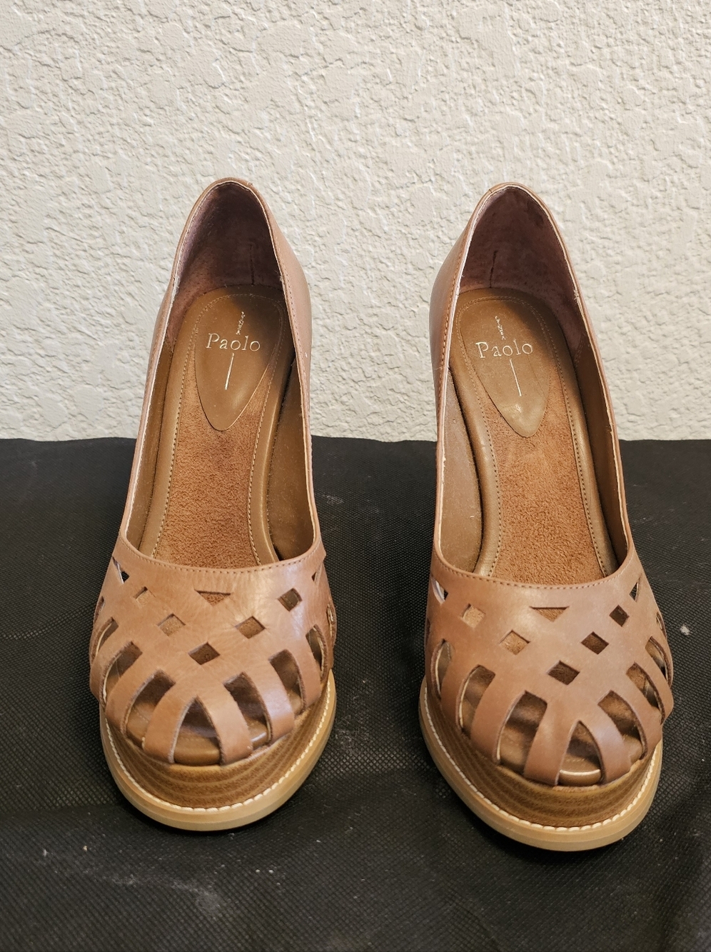 Paolo Women's Tan Leather Wedge Peep-Toe Pumps